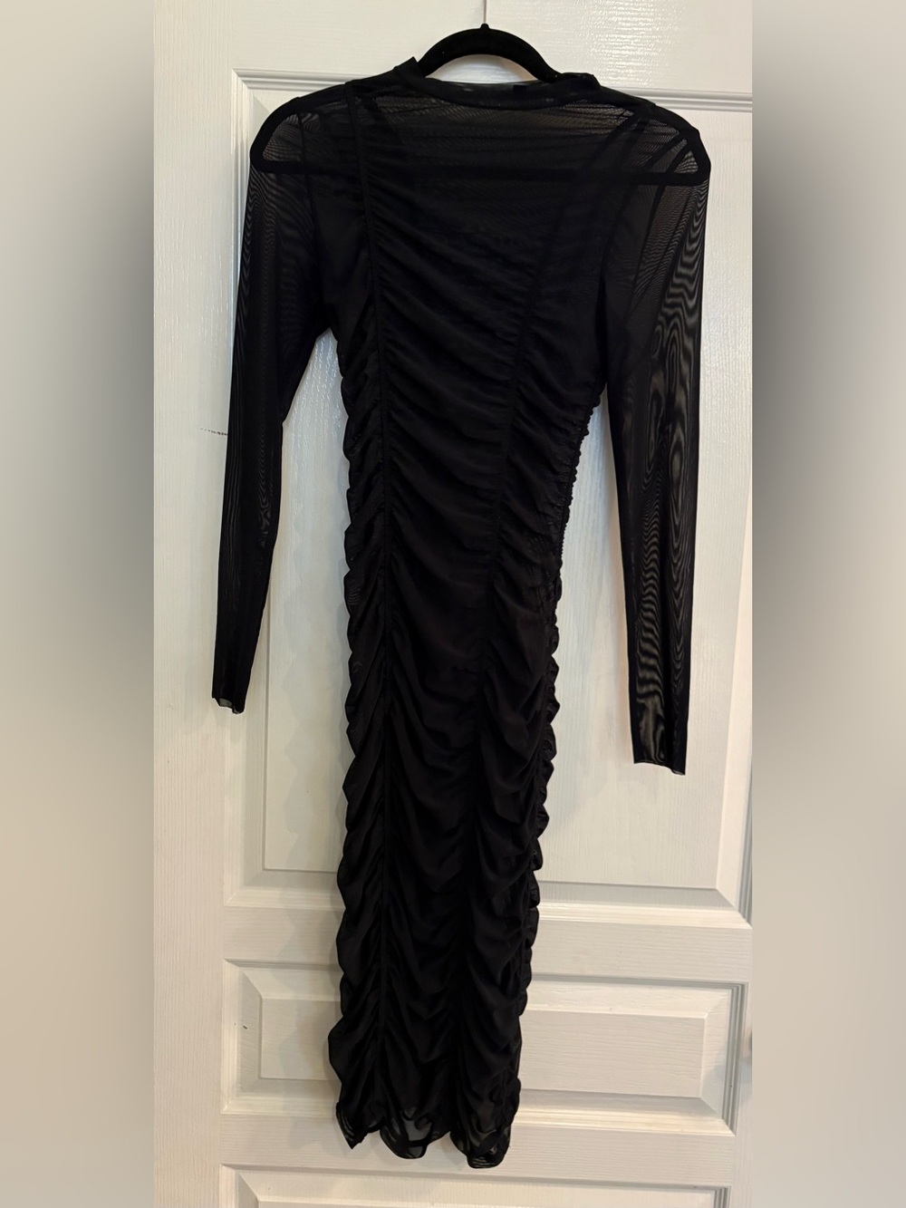 AFRM Anthropologie Black Sheer Mesh Long Sleeve Ruched Midi Dress Size XS